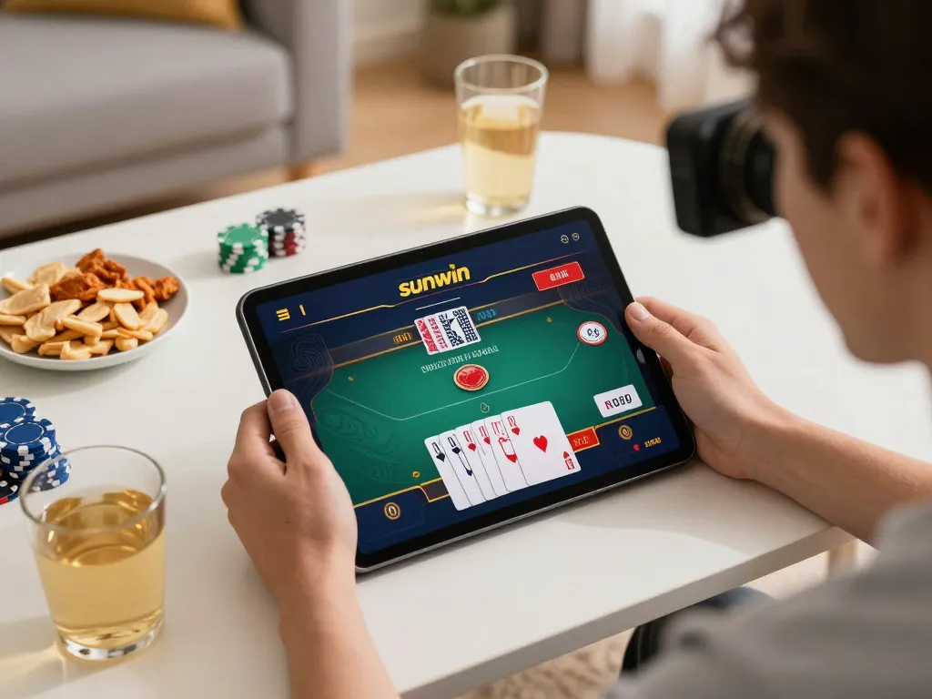 Player enjoying sunwin online gaming session with poker interface on tablet shown in vibrant home setting.