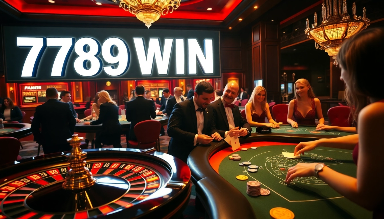 Experience the thrill of 789 WIN as players enjoy poker and roulette in an elegant casino setting.