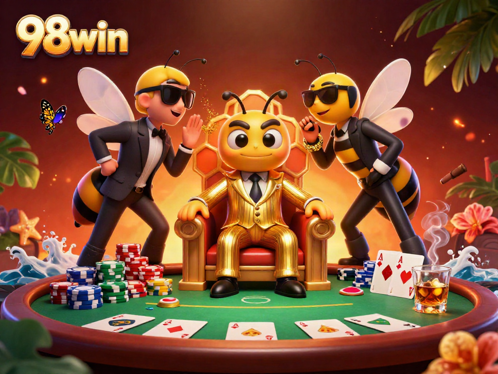 Experience thrilling poker action at 98win with a vibrant casino scene featuring a bee mob boss in style.