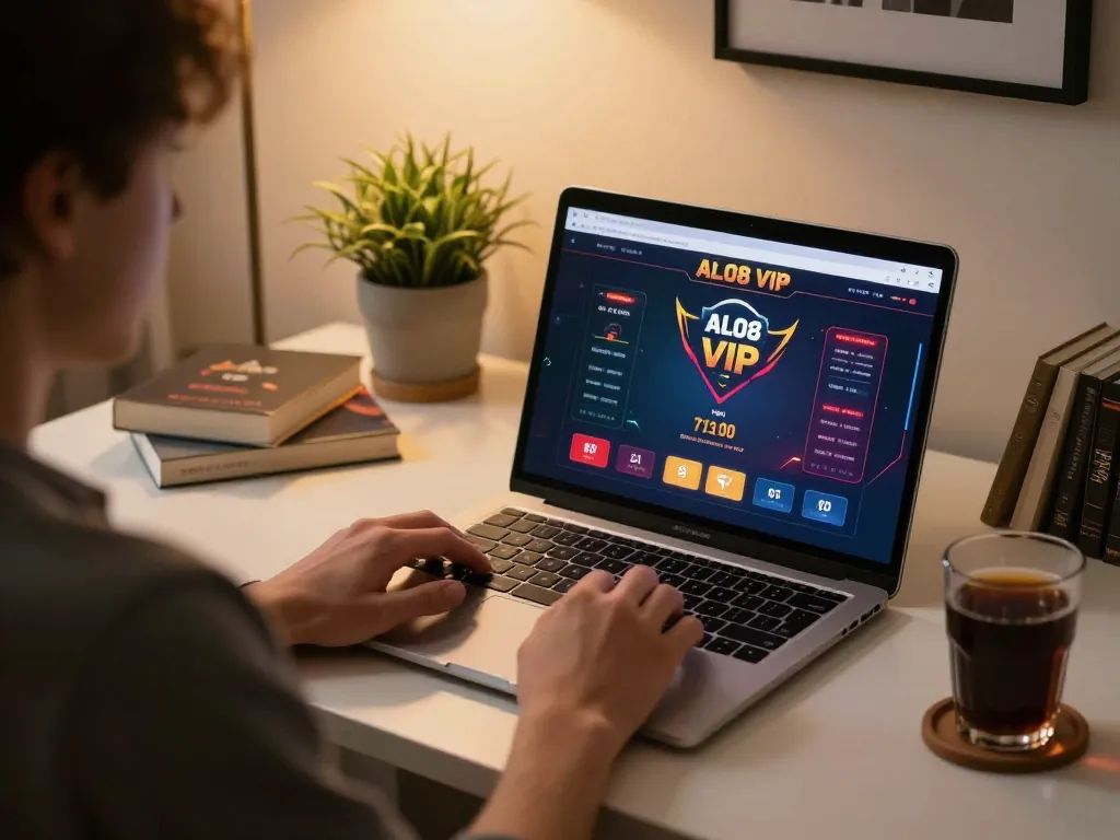 Engaged player using the ALO8 VIP platform for strategic online gambling at home