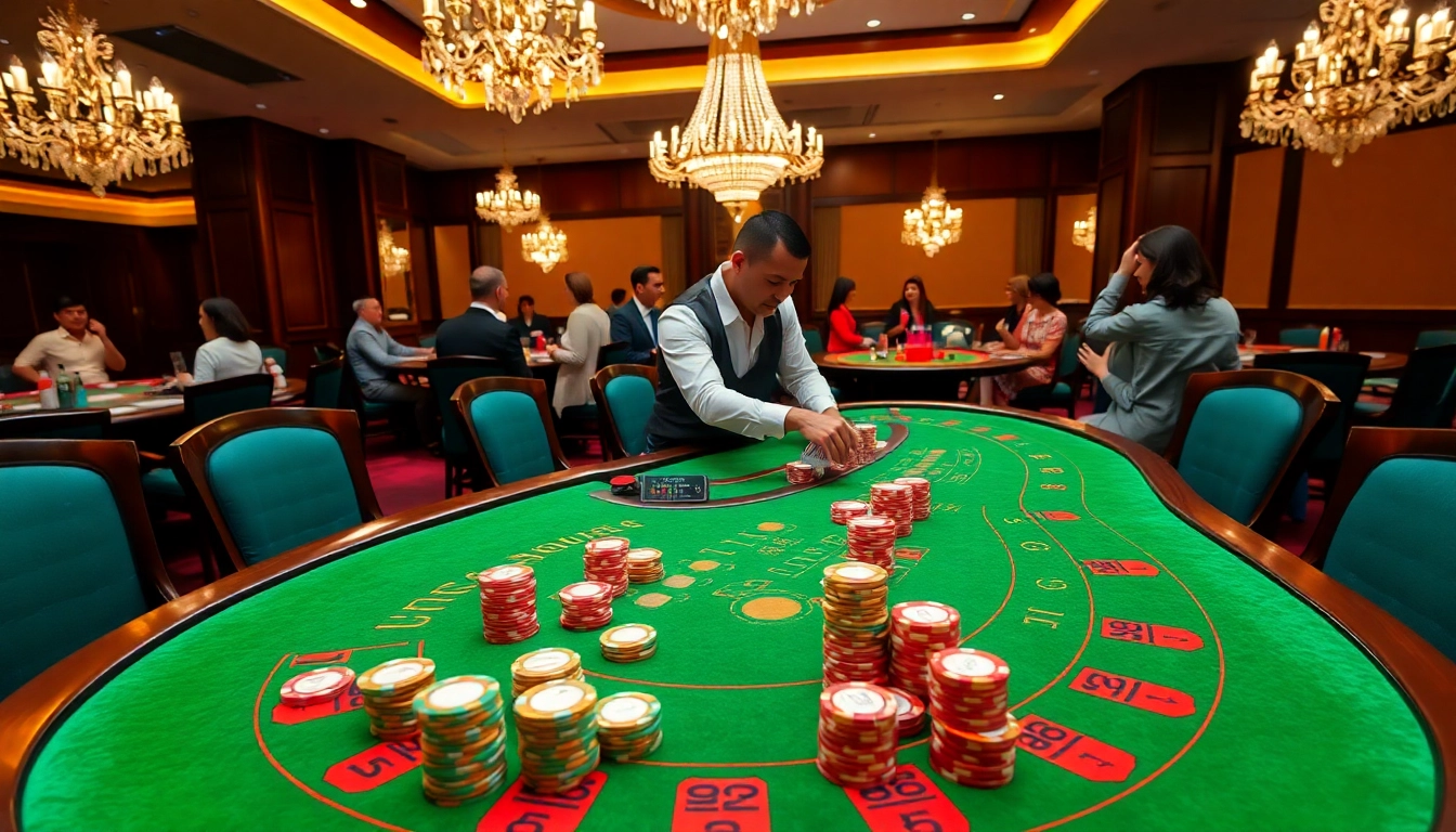 Exciting gaming scene at Ee88 casino with professional dealer and vibrant poker chips.