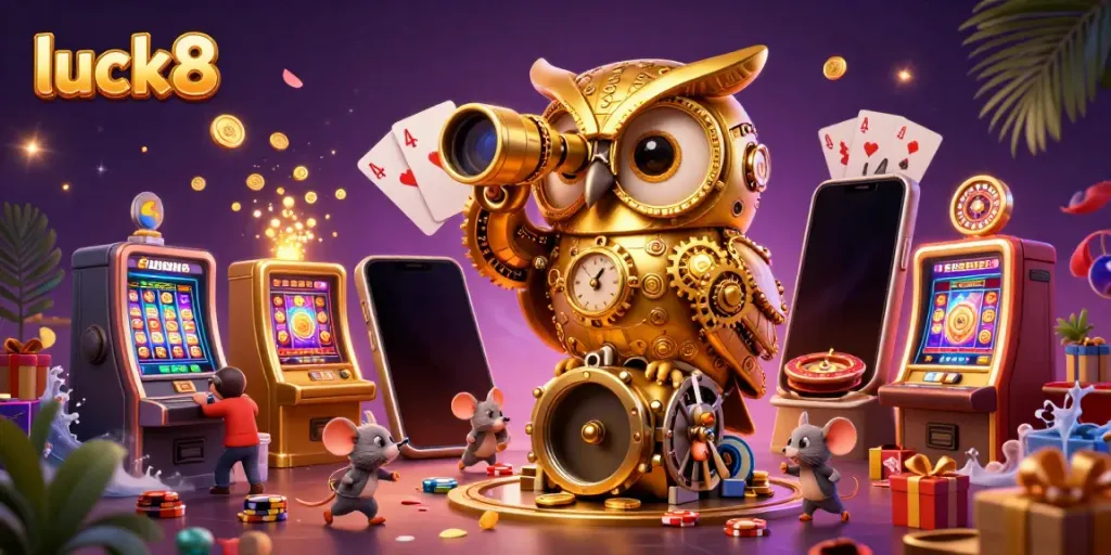 Engage with exciting luck8 casino games as the golden owl oversees action-packed slot machines.