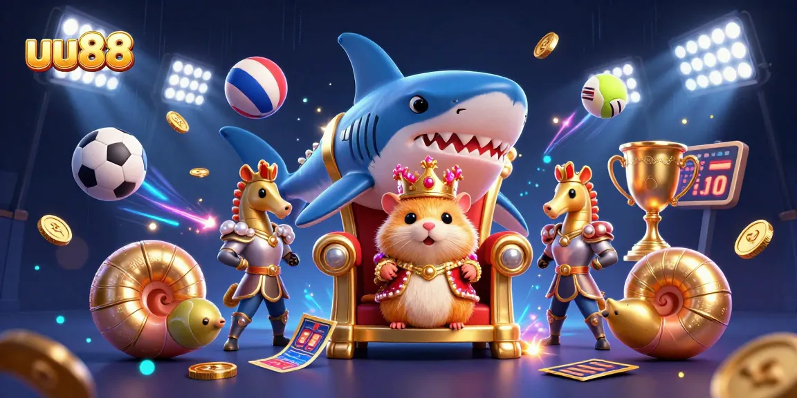 Engage with uu88's thrilling casino experience through this vibrant 3D gambling scene featuring a golden hamster king.