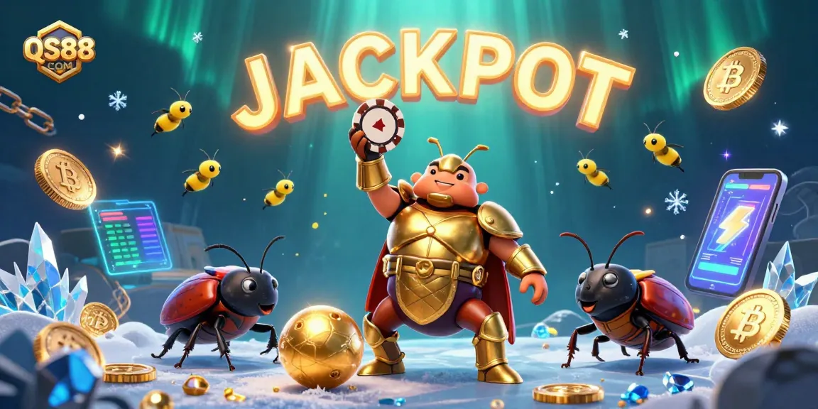 Play and win at QS88 COM with a victorious beetle lifting a poker chip in a colorful casino scene.