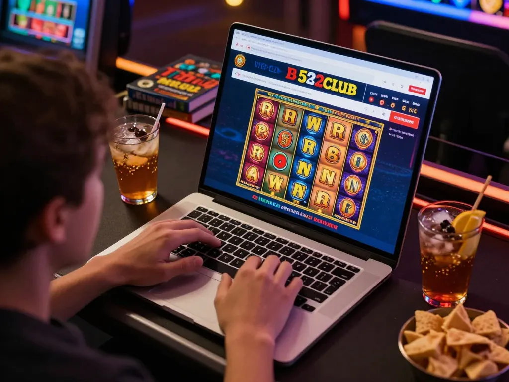 Player celebrating a win on b52club online slot game, showcasing excitement in a cozy gaming setup.