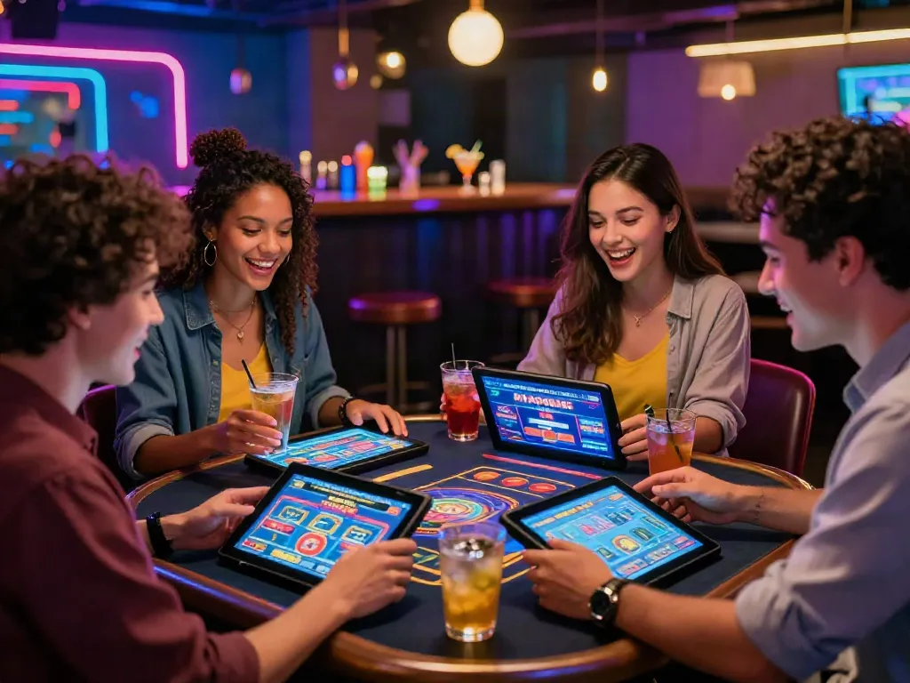 Friends discussing strategies at a lively credit card casino lounge.