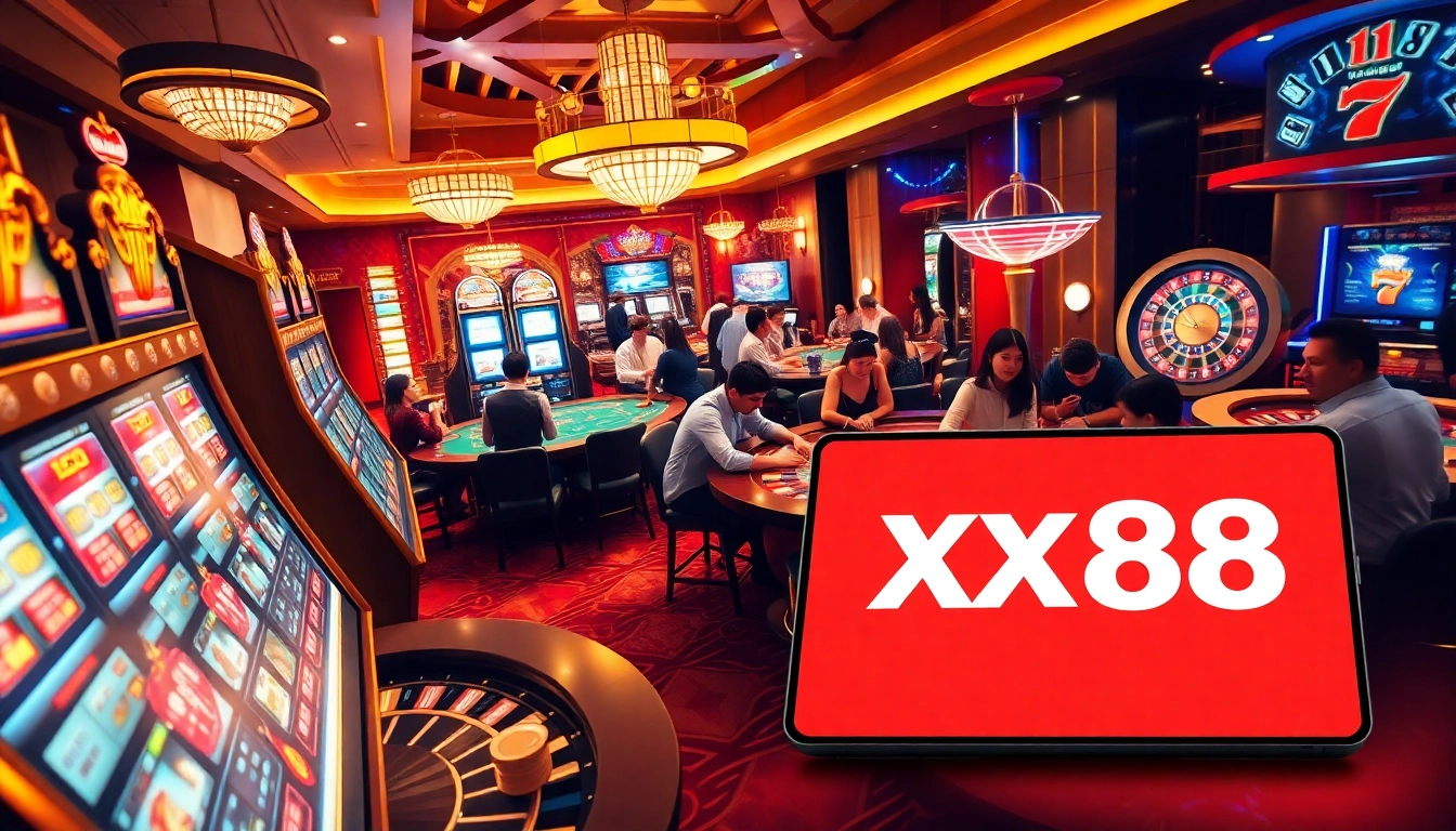 Excited players enjoying the luxury gaming experience at XX88 casino with roulette and slot machines.