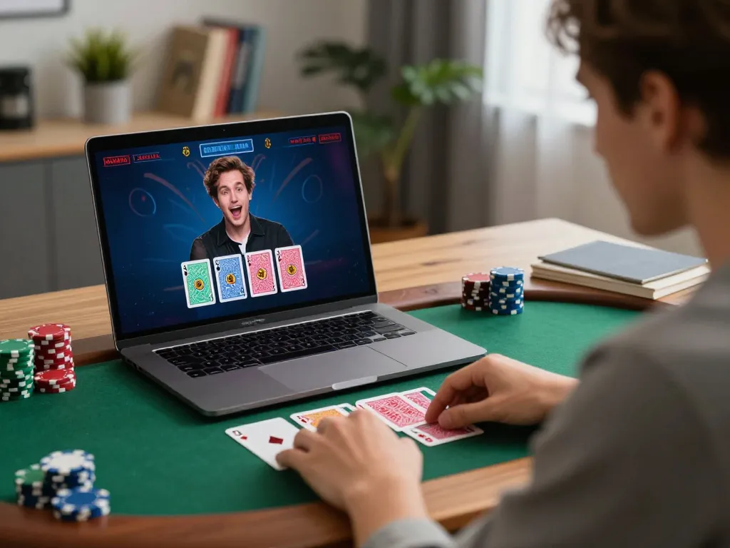 KONG88 player enjoying strategic live dealer blackjack at home, highlighting responsible gaming.