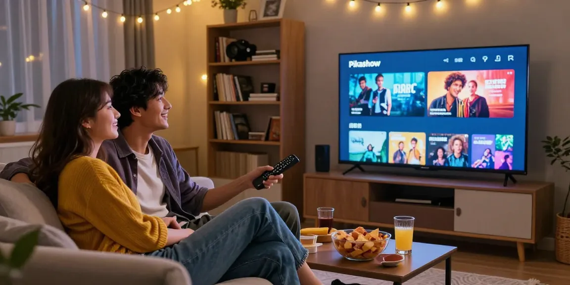 Cozy living room with a couple engaged in Pikashow APK download streaming movies on a large TV.