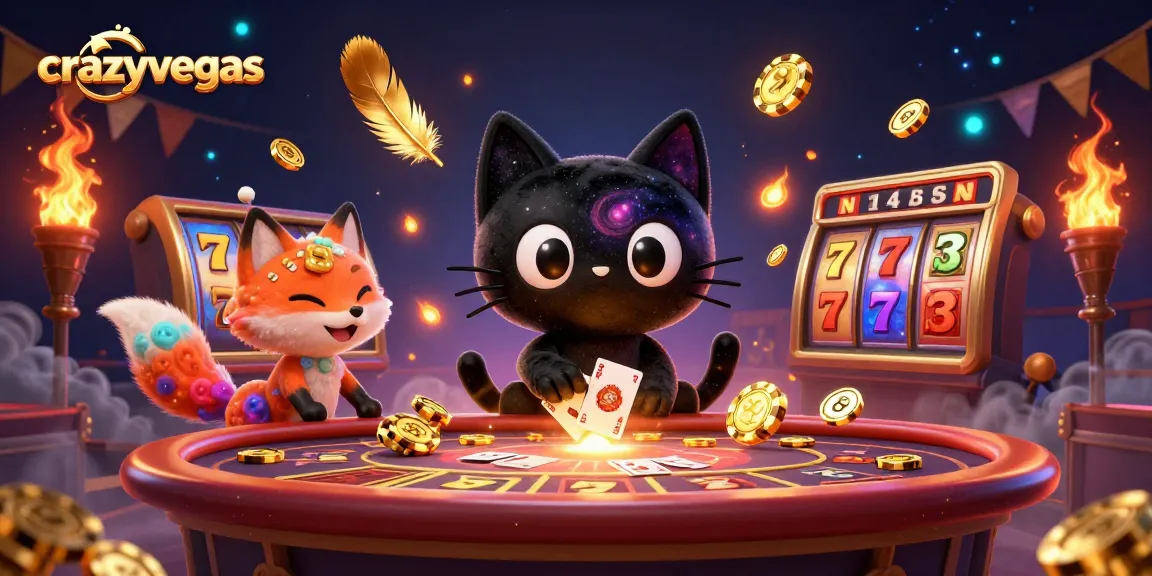 Engage with crazyvegas at a cosmic casino table featuring a black hole cat and nebula fox.