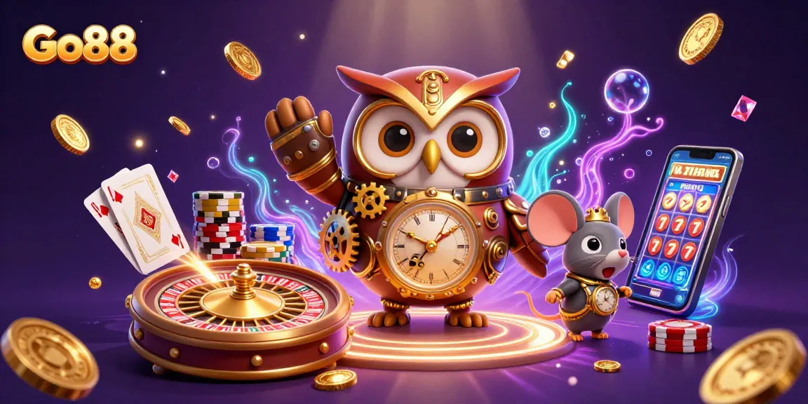 Engage with Go88 at a vibrant, dynamic casino scene with spinning roulette and sparkling treasures.