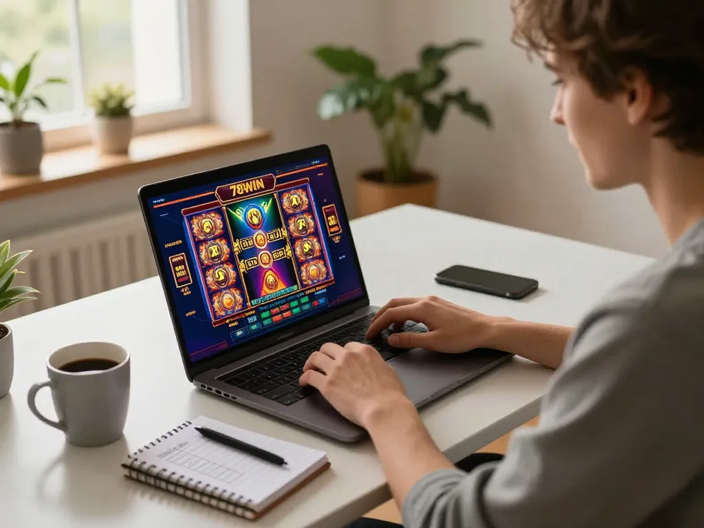 Person enjoying a responsible gaming session with 78WIN on their laptop, showcasing interactive slot machines.