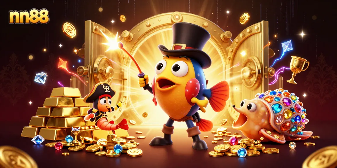 Catch golden coins with nn88's illustrated 3D anglerfish and pirate shrimp in a vibrant casino scene.