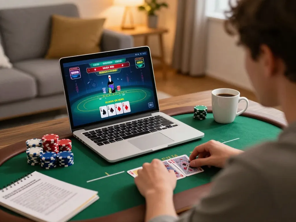 Player engaging in strategic poker gameplay on go8 platform from a comfortable home setup.