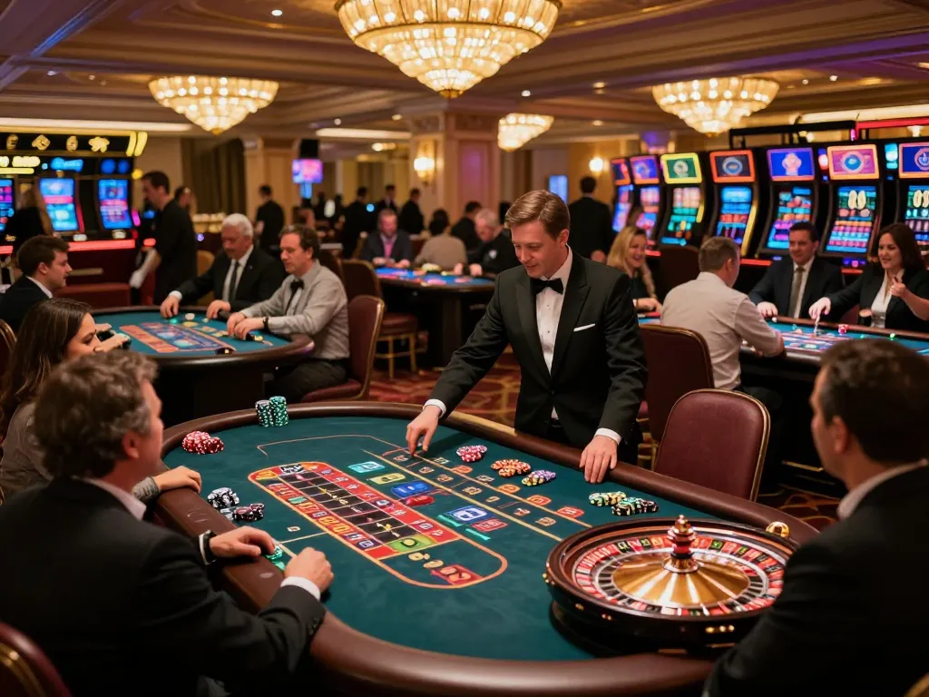 Players enjoy thrilling moments of sun win at a bustling casino gaming floor with roulette and poker tables