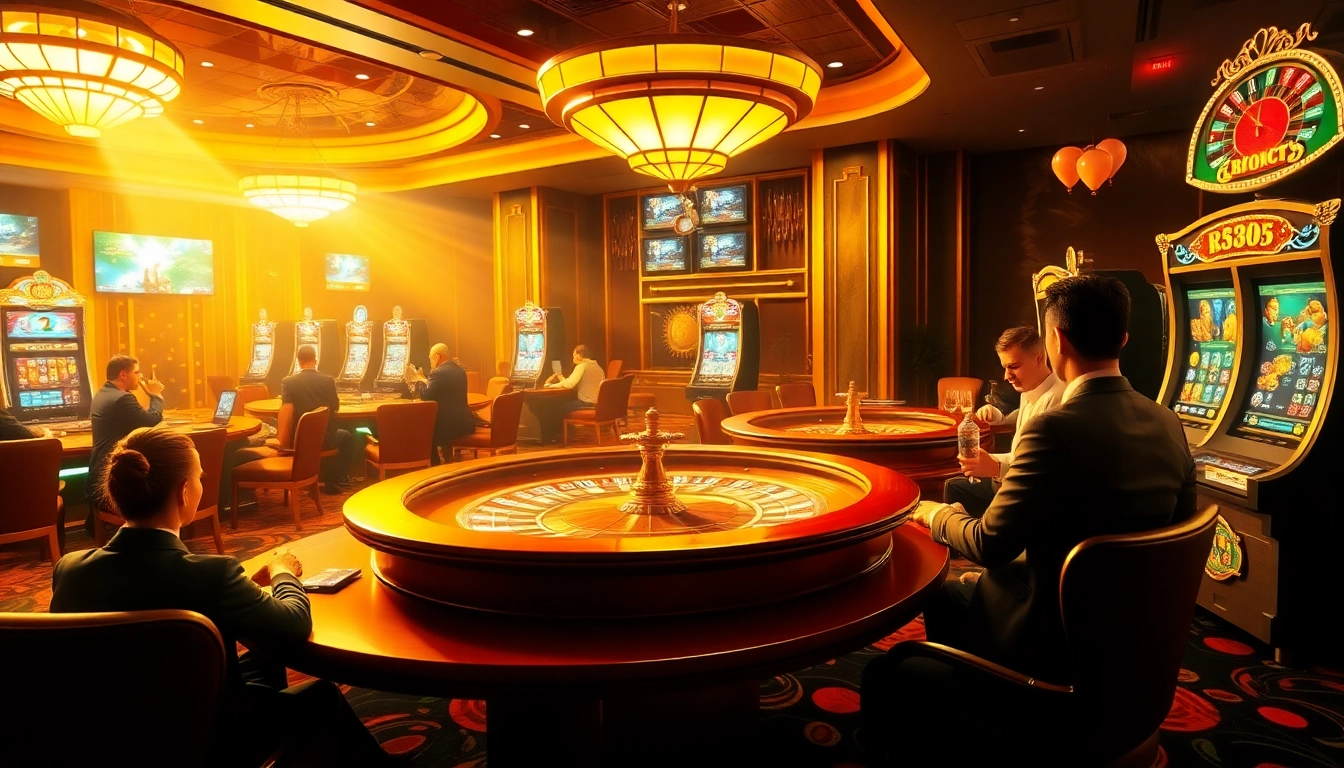Experience the thrill at Lucky88 with players enjoying poker, roulette, and colorful slot machines.