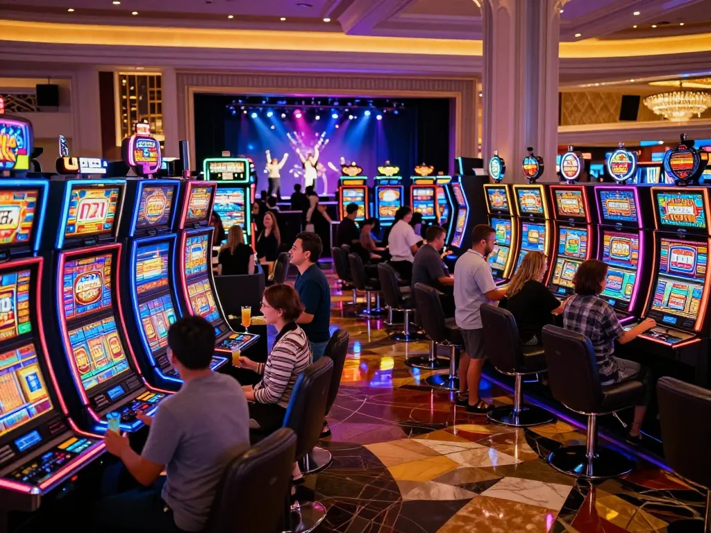 Engaged players enjoying the lively environment at 789clubgo casino with vibrant slot machines.