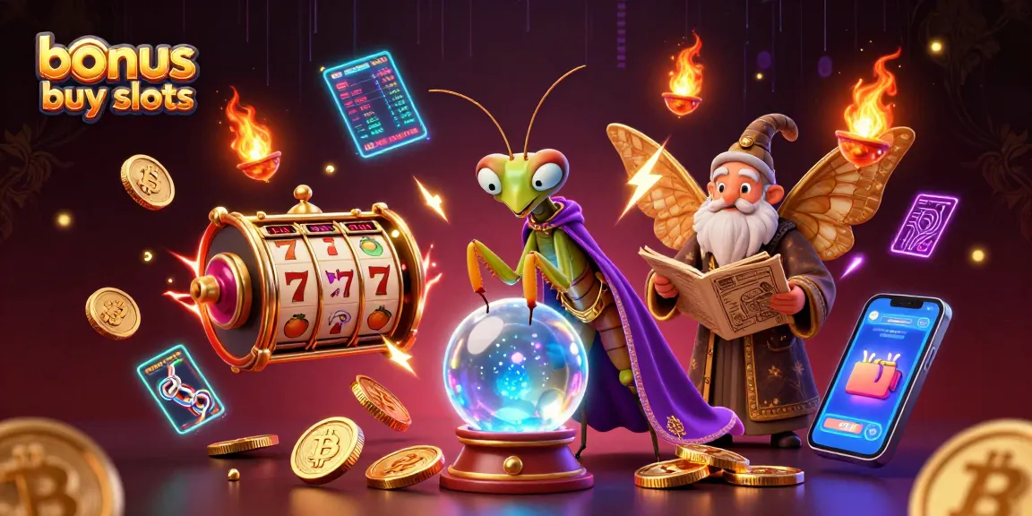 Experience the thrill of bonus buy slots with a mystical 3D illustration of characters immersed in slot game excitement.