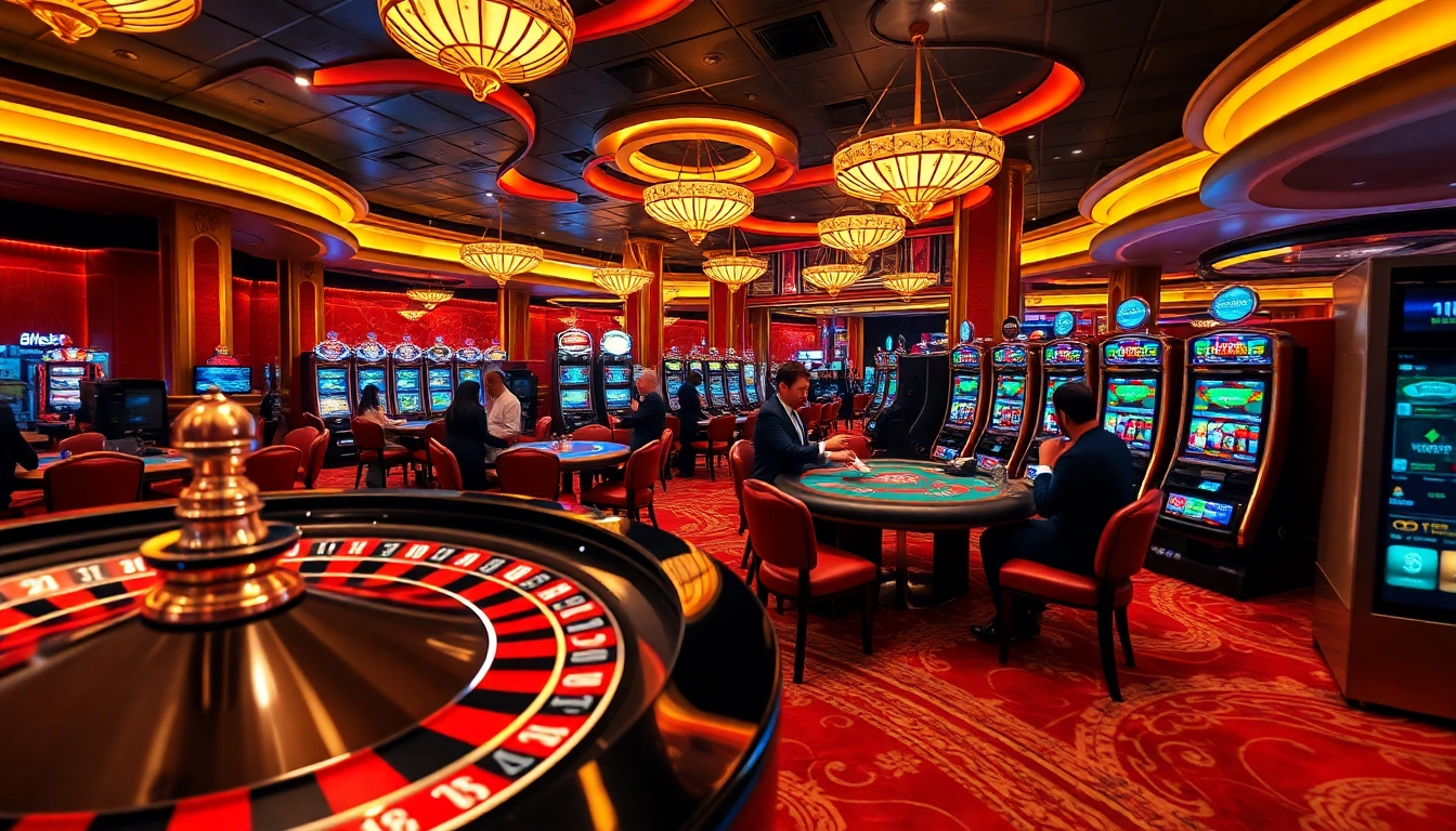 Exciting game scene with luxury casino elements, featuring 8kbet's live dealer and vibrant slot machines.