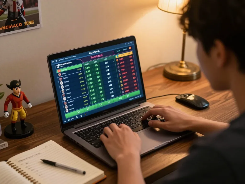 Person engaged in strategic keonhacai sports betting, analyzing odds live on laptop in cozy setting.