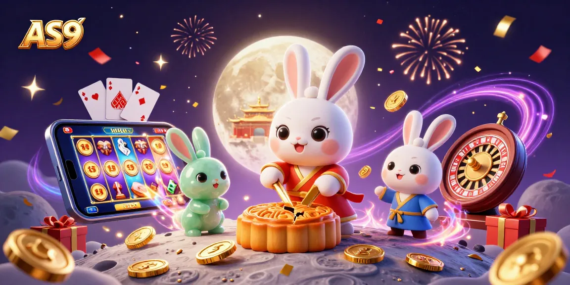 Engage with AS9's thrilling world of gambling featuring a moon rabbit celebrating with poker chips and slot games.