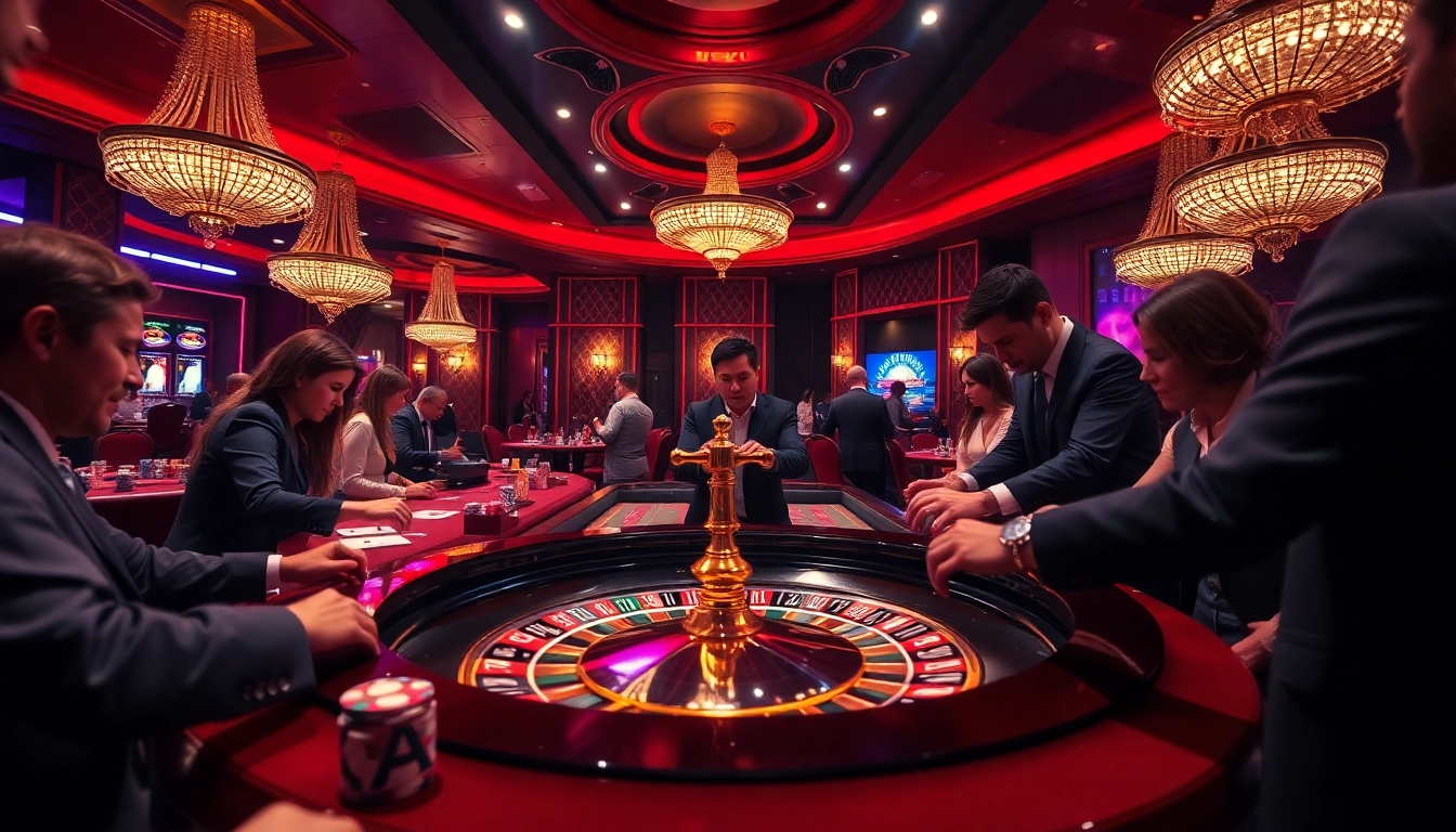 KJC players enjoying a thrilling moment at an upscale casino table with vibrant poker chips.
