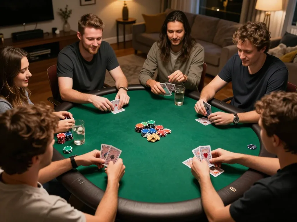 Friends enjoying a poker game at home, representing luck8 gaming experiences with fun interaction.