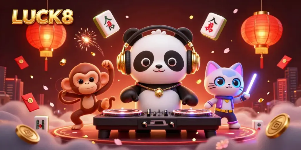 Join the fun at LUCK8 with a vibrant 3D casino scene featuring a DJ panda, dancing monkey, and glowing kitten.