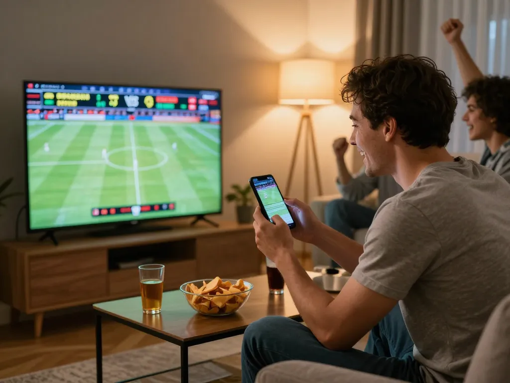 Excited bettor at home using https://go8.agency/ for live sports betting during the game