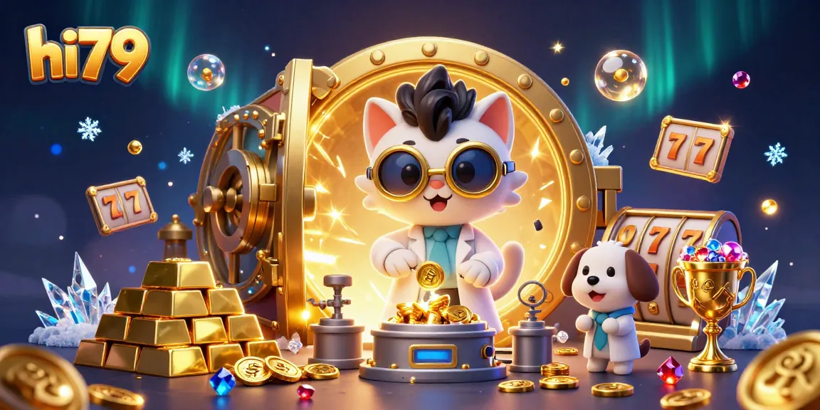 Engage in exciting casino action with hi79, featuring vibrant characters, gold treasure, and spinning slots.