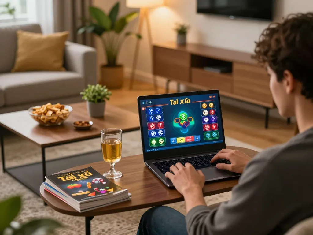 Tài xỉu online gameplay displayed on a laptop in a cozy home setting with snacks and drinks nearby.