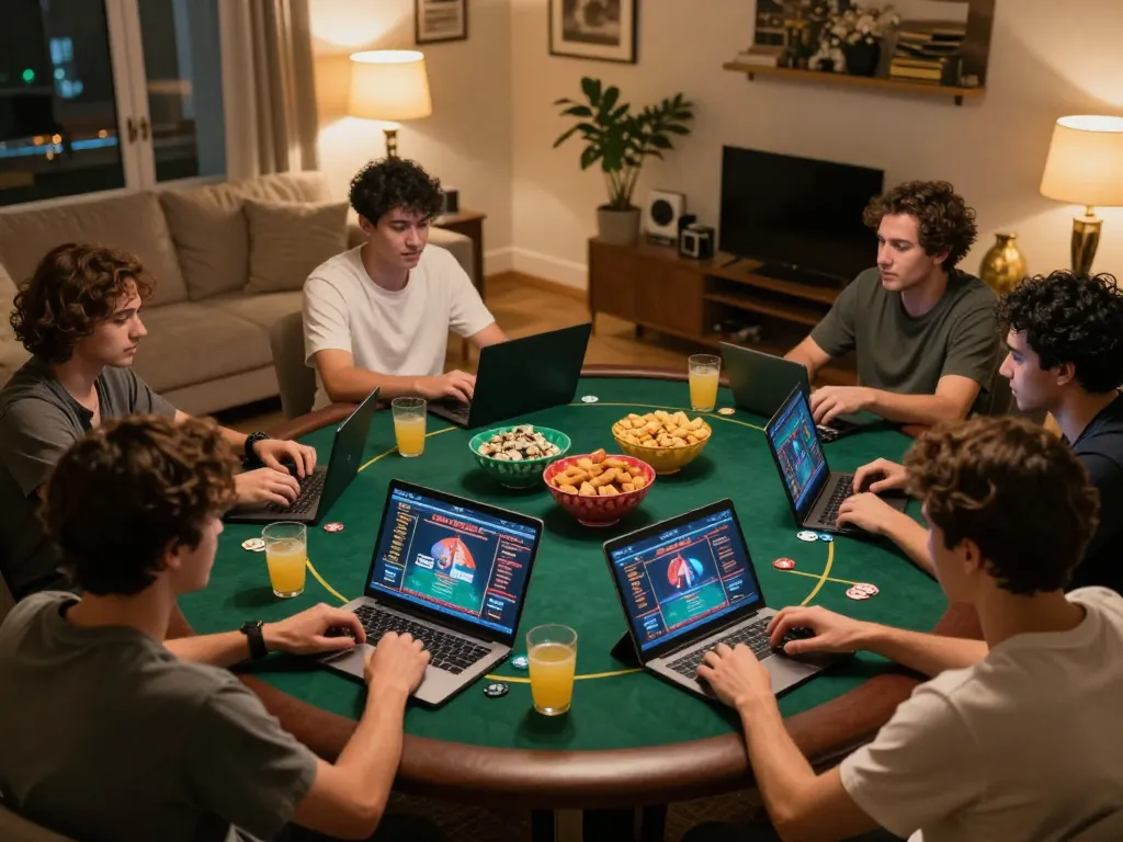 Engage in thrilling SKY88 bet action with players focused in a lively poker game at home.