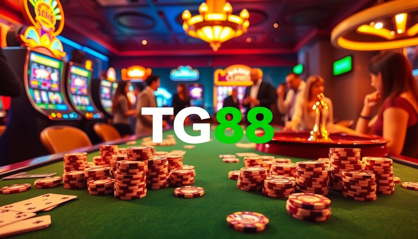 Experience the thrilling atmosphere of TG88 with vibrant casino tables and eager players.