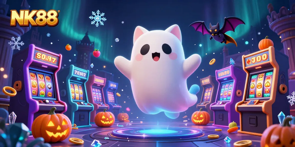 Experience the thrilling atmosphere of NK88 with a ghost cat and vampire bat in a vibrant casino scene.