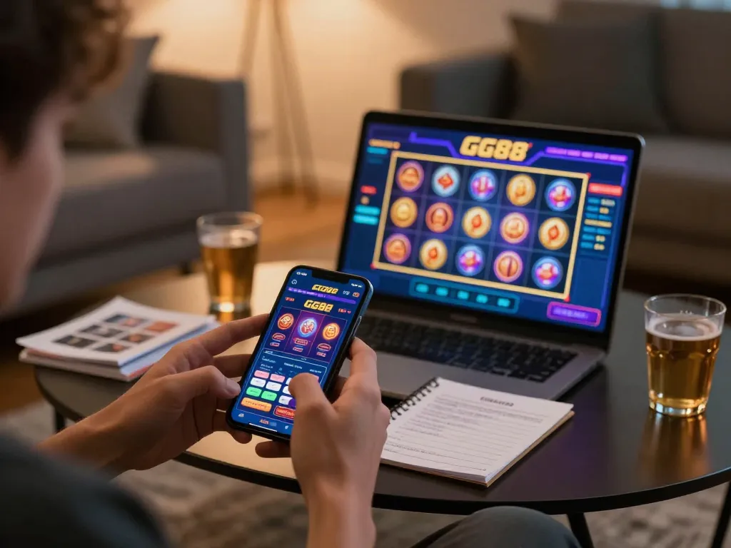 Player enjoying GG88 casino games on smartphone in a cozy living room.