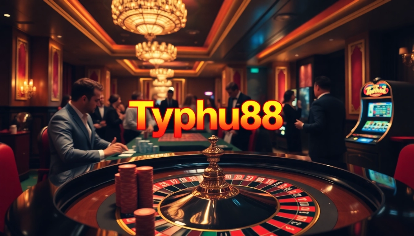 Exciting casino experience at Typhu88 with vibrant roulette table and engaging gamblers.
