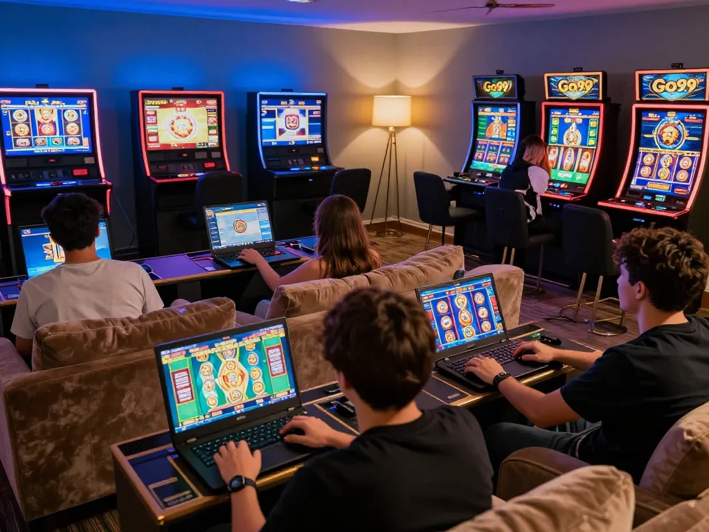 Players engaging with virtual slot machines at Go99, showcasing exciting online gaming moments