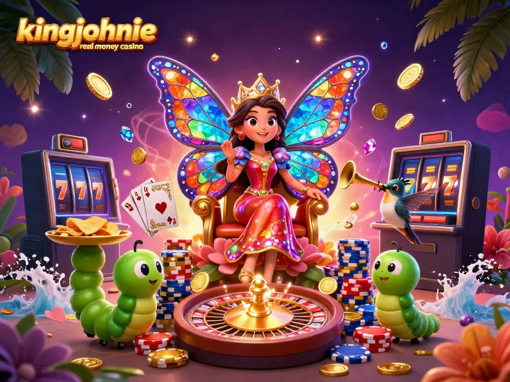 Engage at kingjohnnie real money casino with a vibrant 3D illustration showcasing a whimsical butterfly queen among casino elements.