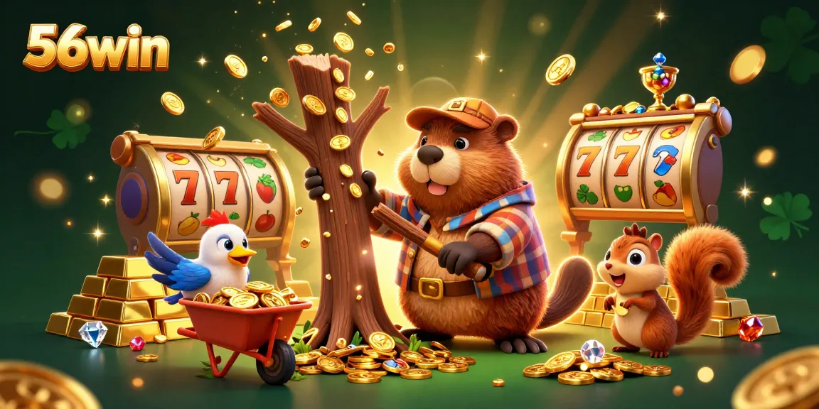 Win big with 56win as a cartoon beaver celebrates amidst a treasure-filled casino scene.