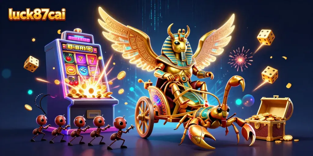 Experience a vibrant jackpot explosion at luck87cai featuring a golden scarab beetle surrounded by dynamic casino elements.