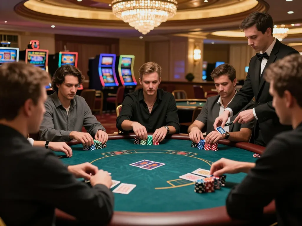 Players engaging in a strategic win68 poker game in a luxurious casino.