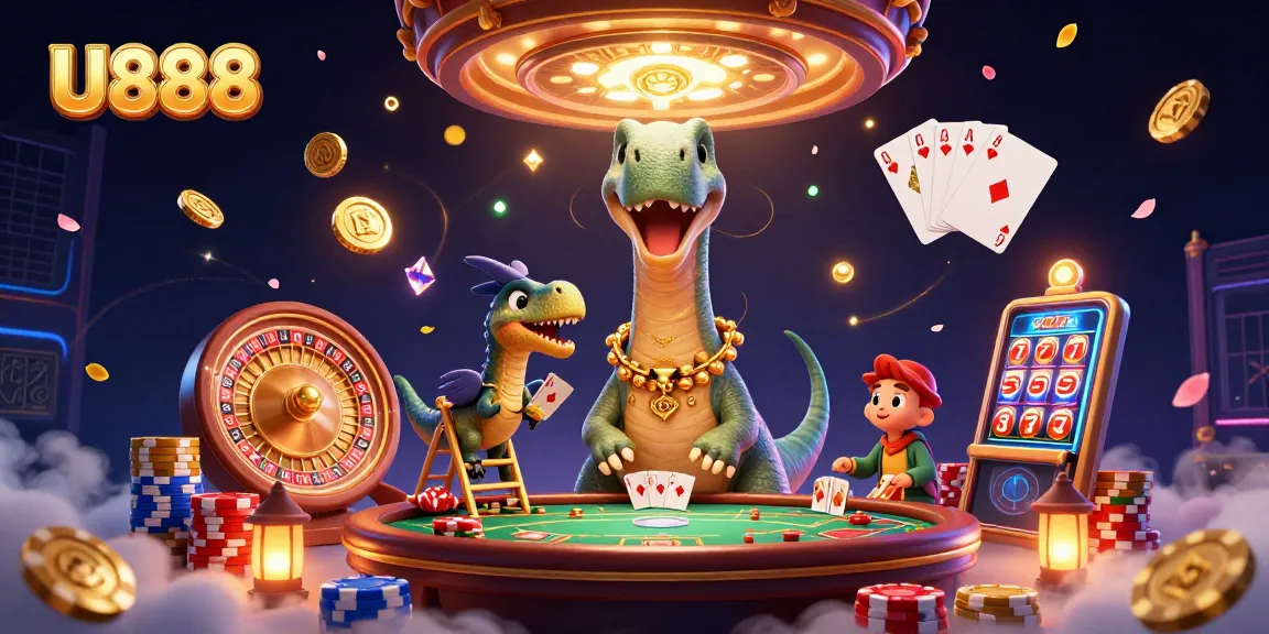 Bet on U888 with fun casino action featuring a cartoon brontosaurus and clever raptor dealer.