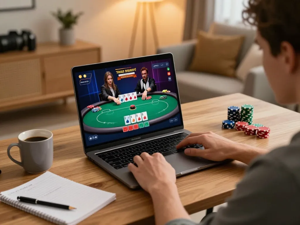 Player enjoying kp88 online poker session at home, laptop screen showcasing game action.