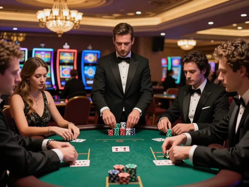 View of an exciting poker game at a luxury casino, capturing players' focus and strategy in a competitive atmosphere, ok365.