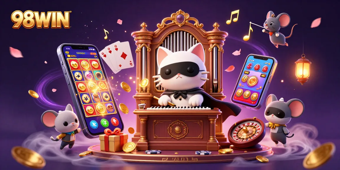 Experience the thrilling world of 98WIN casino with captivating characters and vibrant gaming elements.