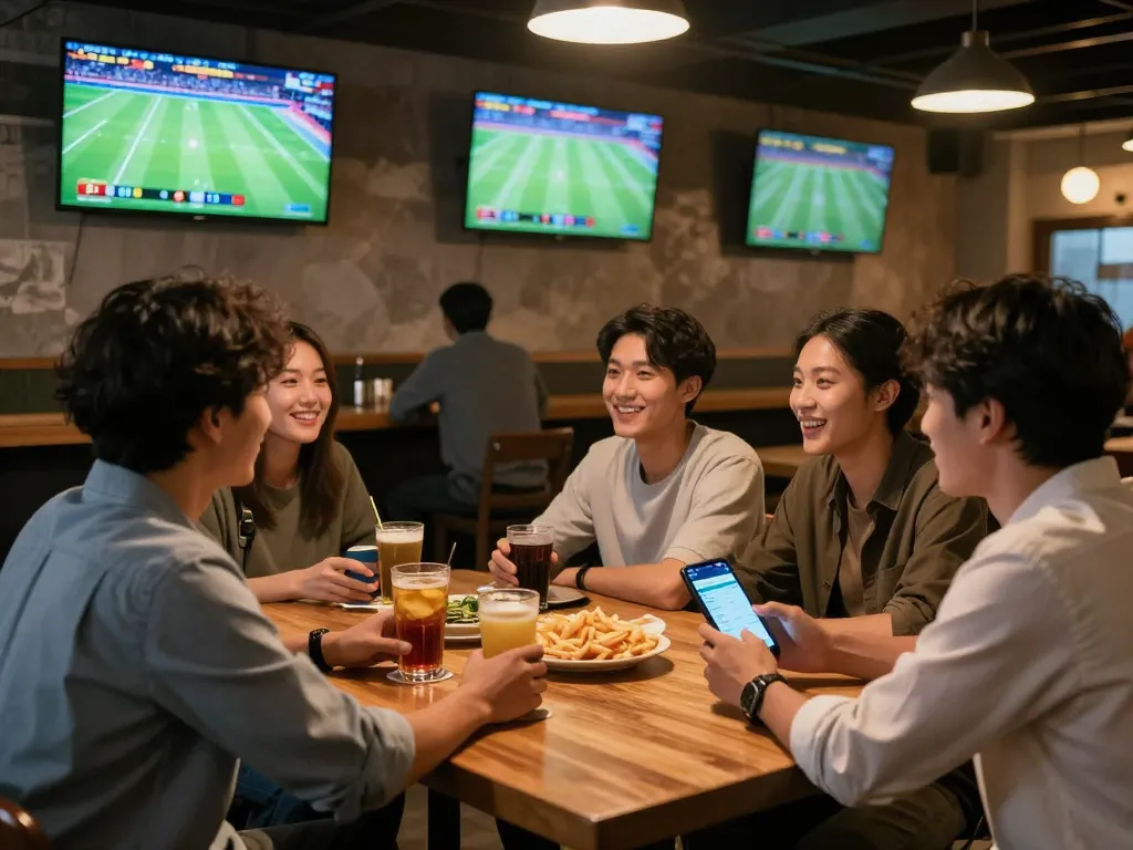Friends discussing kèo nhà cái while placing bets on football matches in a vibrant sports bar atmosphere.