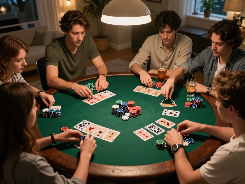 KQBD home gaming night with friends playing poker, vibrant chips and cards, cozy atmosphere.