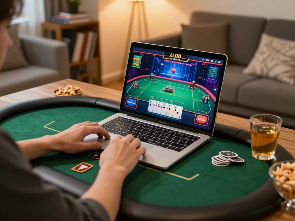 Engaging gameplay at ALO8 STUDIO with a player focused on poker strategy during a home gaming session.