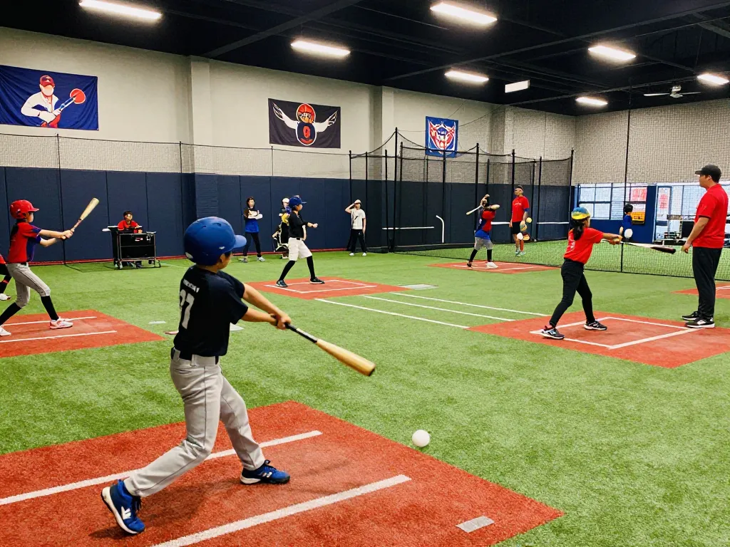 Players actively training at Hit Club, practicing baseball swings with intense focus.