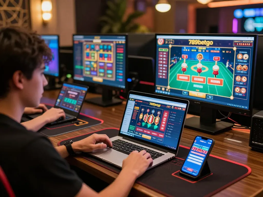 Player engaging in online gambling on 789betgo with laptop and smartphone in stylish setup